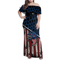Aggressive Bass Fishing Family Matching Off Shoulder Maxi Dress and Hawaiian Shirt with American Flag Pattern on Grunge Hex Background - Wonder Print Shop