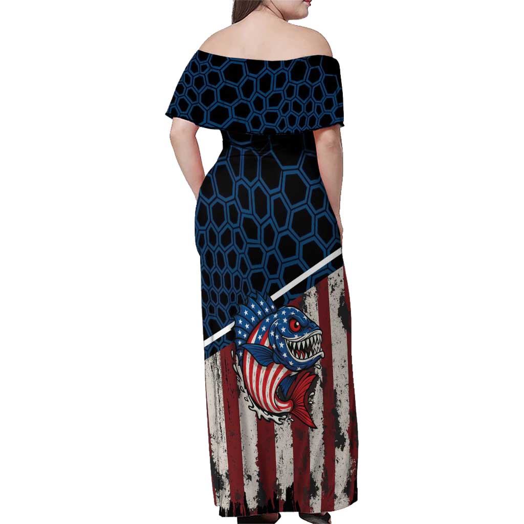Aggressive Bass Fishing Family Matching Off Shoulder Maxi Dress and Hawaiian Shirt with American Flag Pattern on Grunge Hex Background - Wonder Print Shop