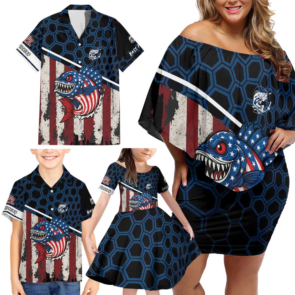 Aggressive Bass Fishing Family Matching Off Shoulder Short Dress and Hawaiian Shirt with American Flag Pattern on Grunge Hex Background - Wonder Print Shop