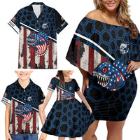 Aggressive Bass Fishing Family Matching Off Shoulder Short Dress and Hawaiian Shirt with American Flag Pattern on Grunge Hex Background - Wonder Print Shop