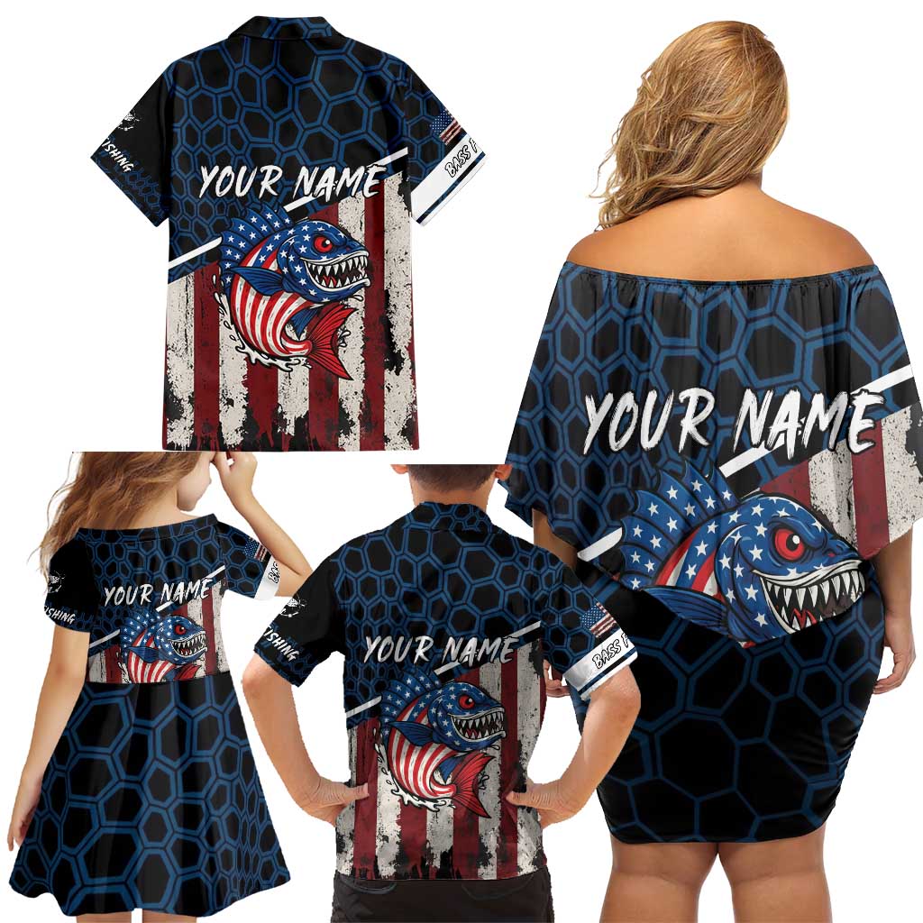 Aggressive Bass Fishing Family Matching Off Shoulder Short Dress and Hawaiian Shirt with American Flag Pattern on Grunge Hex Background - Wonder Print Shop