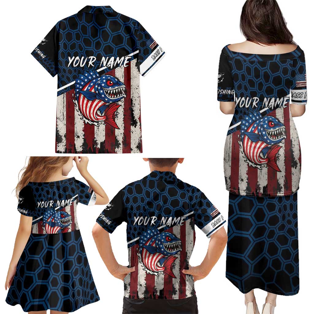 Aggressive Bass Fishing Family Matching Puletasi and Hawaiian Shirt with American Flag Pattern on Grunge Hex Background - Wonder Print Shop