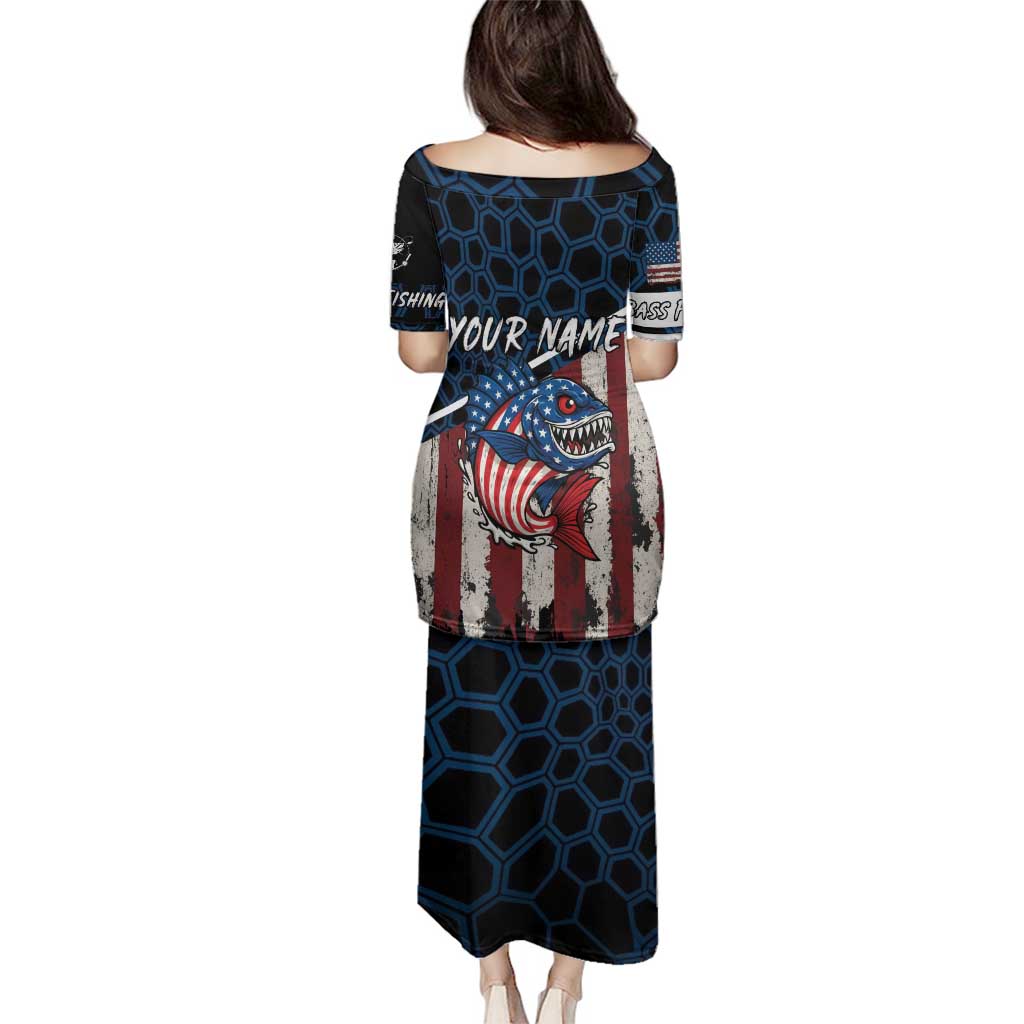 Aggressive Bass Fishing Family Matching Puletasi and Hawaiian Shirt with American Flag Pattern on Grunge Hex Background - Wonder Print Shop