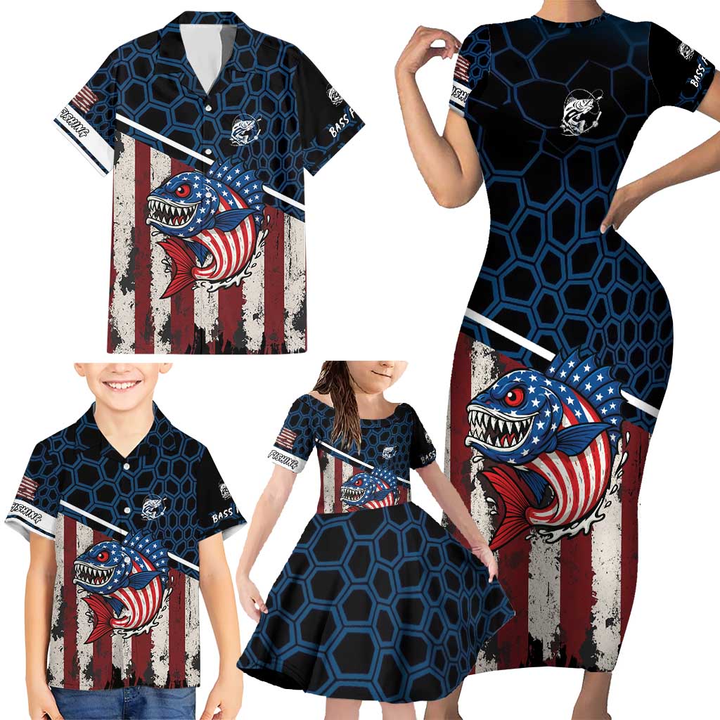 Aggressive Bass Fishing Family Matching Short Sleeve Bodycon Dress and Hawaiian Shirt with American Flag Pattern on Grunge Hex Background - Wonder Print Shop