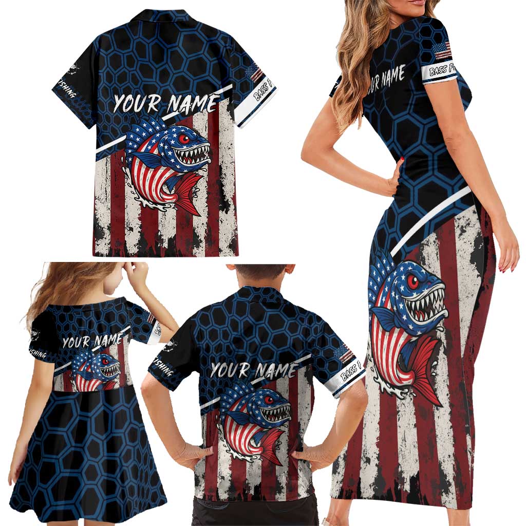 Aggressive Bass Fishing Family Matching Short Sleeve Bodycon Dress and Hawaiian Shirt with American Flag Pattern on Grunge Hex Background - Wonder Print Shop