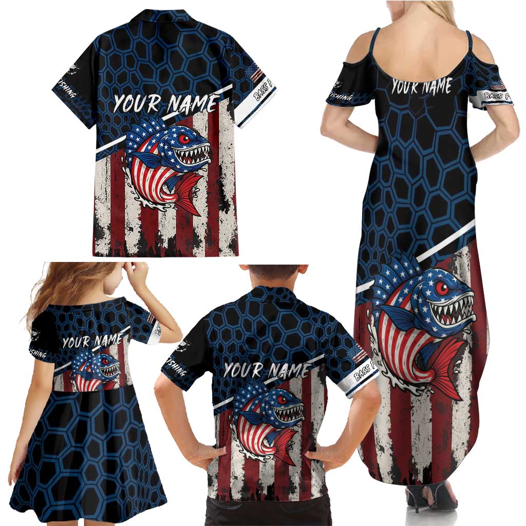 Aggressive Bass Fishing Family Matching Summer Maxi Dress and Hawaiian Shirt with American Flag Pattern on Grunge Hex Background - Wonder Print Shop