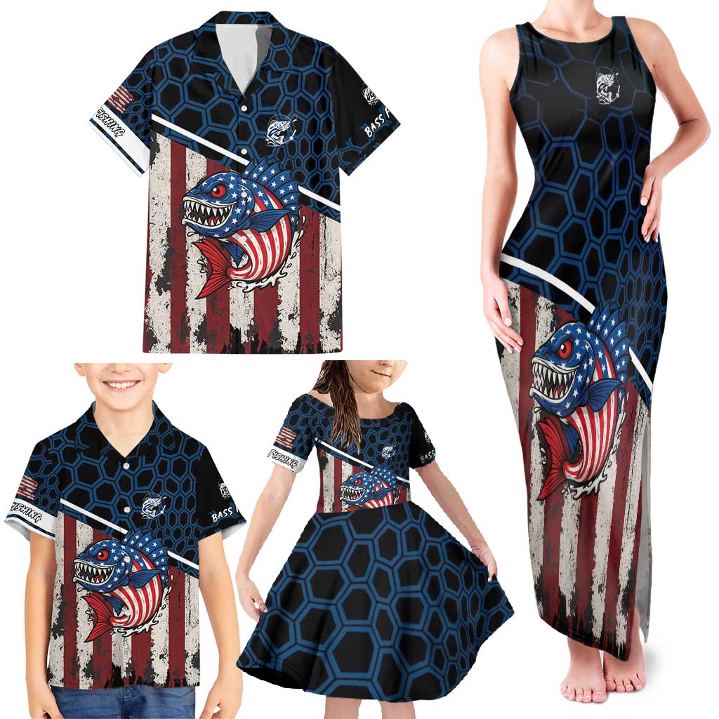 Aggressive Bass Fishing Family Matching Tank Maxi Dress and Hawaiian Shirt with American Flag Pattern on Grunge Hex Background - Wonder Print Shop