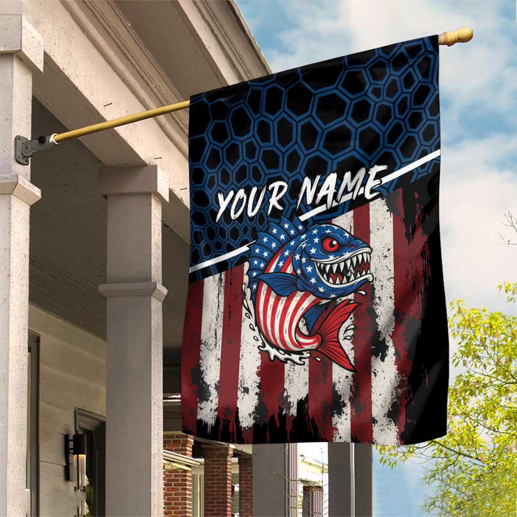 Aggressive Bass Fishing Garden Flag with American Flag Pattern on Grunge Hex Background - Wonder Print Shop
