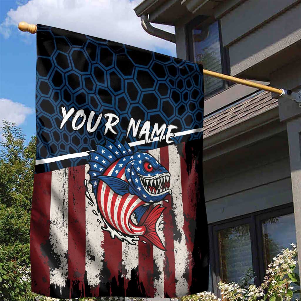 Aggressive Bass Fishing Garden Flag with American Flag Pattern on Grunge Hex Background - Wonder Print Shop