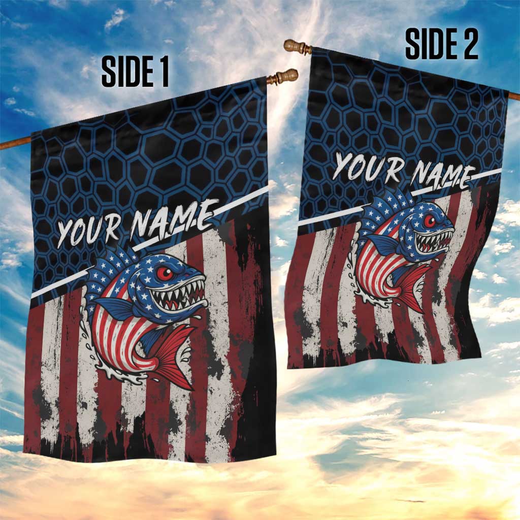 Aggressive Bass Fishing Garden Flag with American Flag Pattern on Grunge Hex Background - Wonder Print Shop