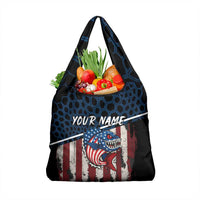 Aggressive Bass Fishing Grocery Bag with American Flag Pattern on Grunge Hex Background - Wonder Print Shop