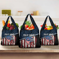 Aggressive Bass Fishing Grocery Bag with American Flag Pattern on Grunge Hex Background - Wonder Print Shop