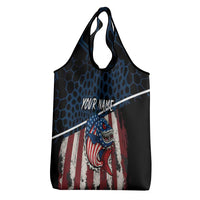 Aggressive Bass Fishing Grocery Bag with American Flag Pattern on Grunge Hex Background - Wonder Print Shop