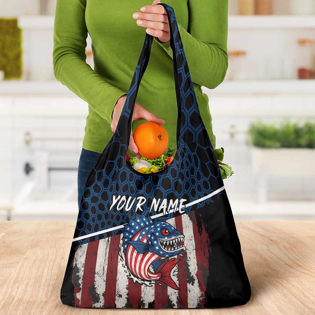 Aggressive Bass Fishing Grocery Bag with American Flag Pattern on Grunge Hex Background - Wonder Print Shop