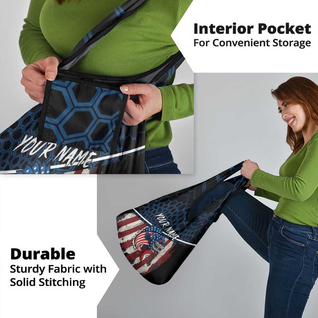 Aggressive Bass Fishing Grocery Bag with American Flag Pattern on Grunge Hex Background - Wonder Print Shop