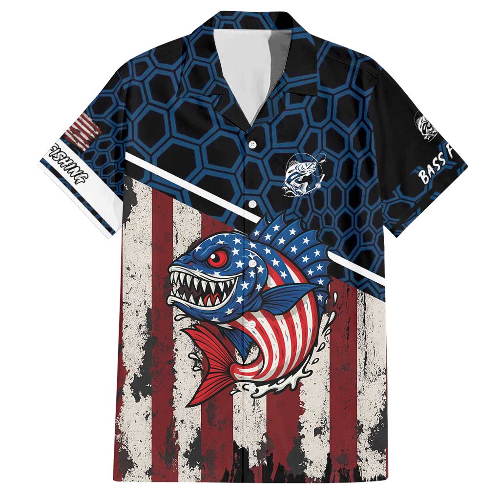 Aggressive Bass Fishing Hawaiian Shirt with American Flag Pattern on Grunge Hex Background - Wonder Print Shop