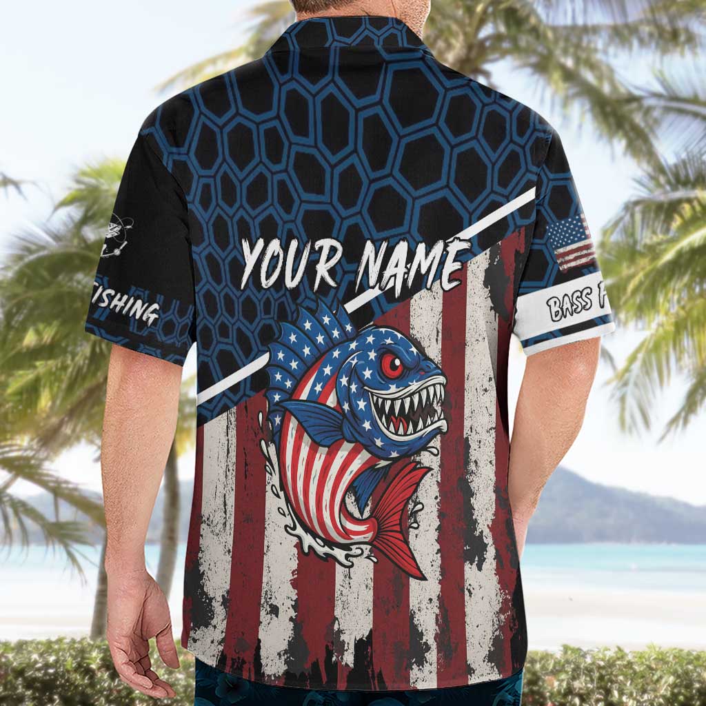 Aggressive Bass Fishing Hawaiian Shirt with American Flag Pattern on Grunge Hex Background - Wonder Print Shop