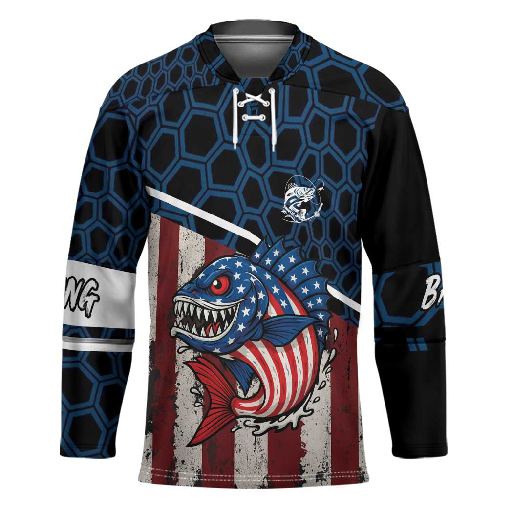 Aggressive Bass Fishing Hockey Jersey with American Flag Pattern on Grunge Hex Background - Wonder Print Shop