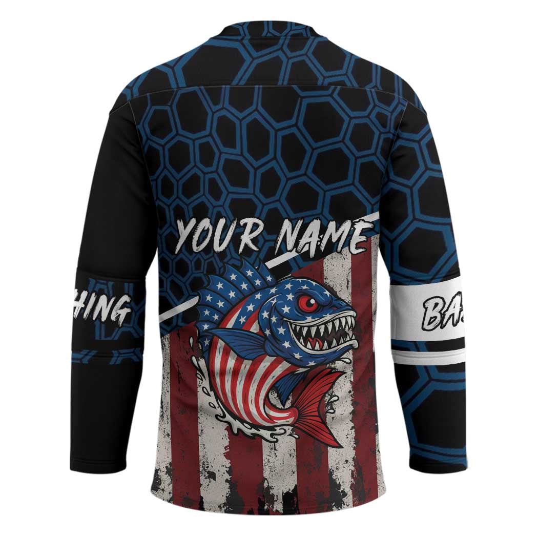 Aggressive Bass Fishing Hockey Jersey with American Flag Pattern on Grunge Hex Background - Wonder Print Shop