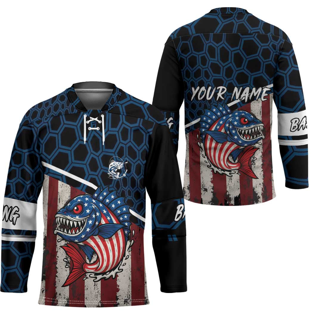 Aggressive Bass Fishing Hockey Jersey with American Flag Pattern on Grunge Hex Background - Wonder Print Shop
