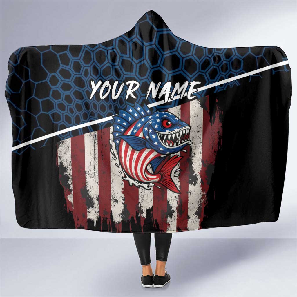 Aggressive Bass Fishing Hooded Blanket with American Flag Pattern on Grunge Hex Background - Wonder Print Shop