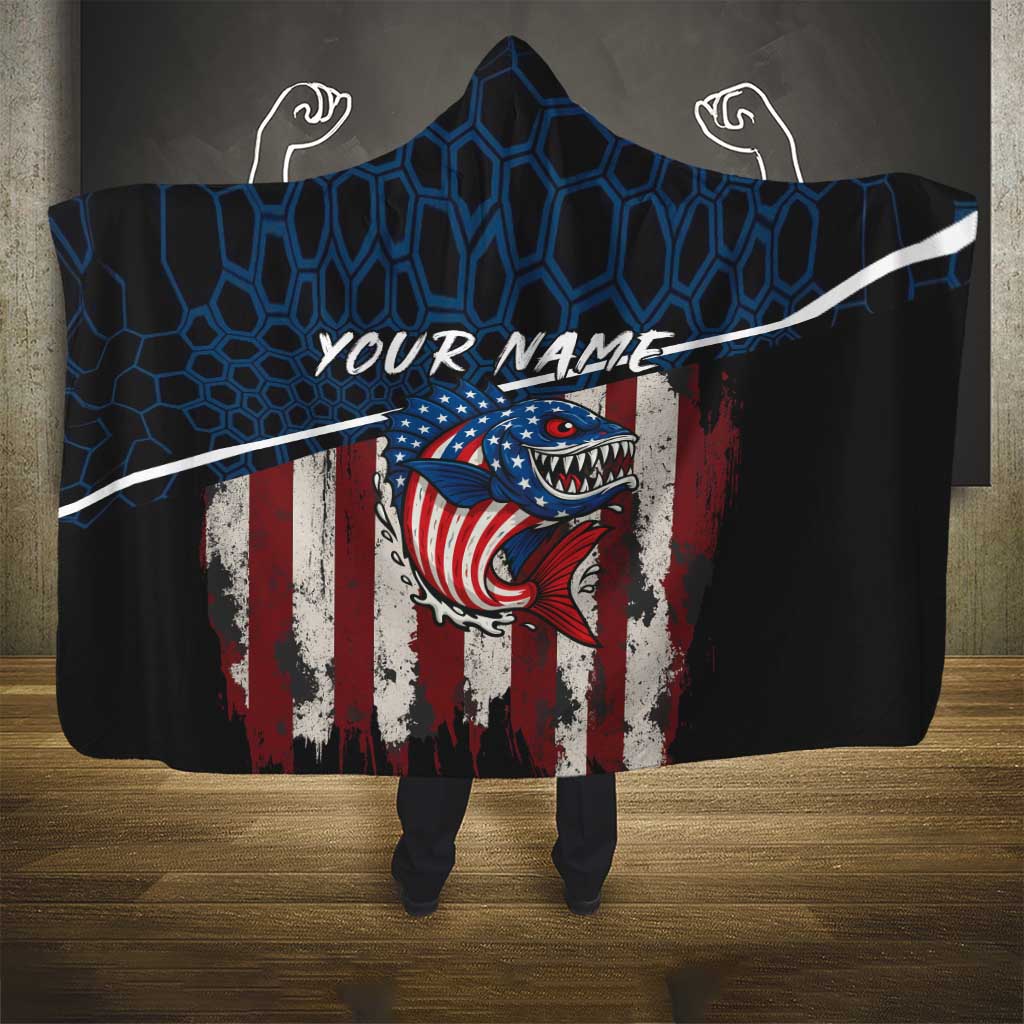 Aggressive Bass Fishing Hooded Blanket with American Flag Pattern on Grunge Hex Background - Wonder Print Shop