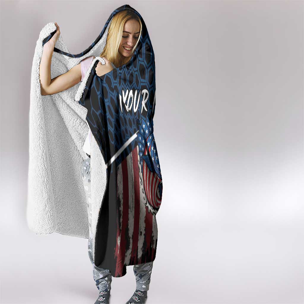 Aggressive Bass Fishing Hooded Blanket with American Flag Pattern on Grunge Hex Background - Wonder Print Shop