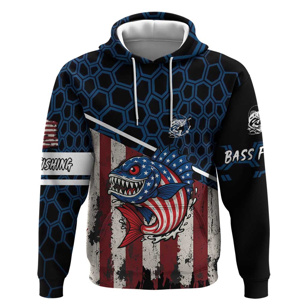 Aggressive Bass Fishing Hoodie with American Flag Pattern on Grunge Hex Background - Wonder Print Shop