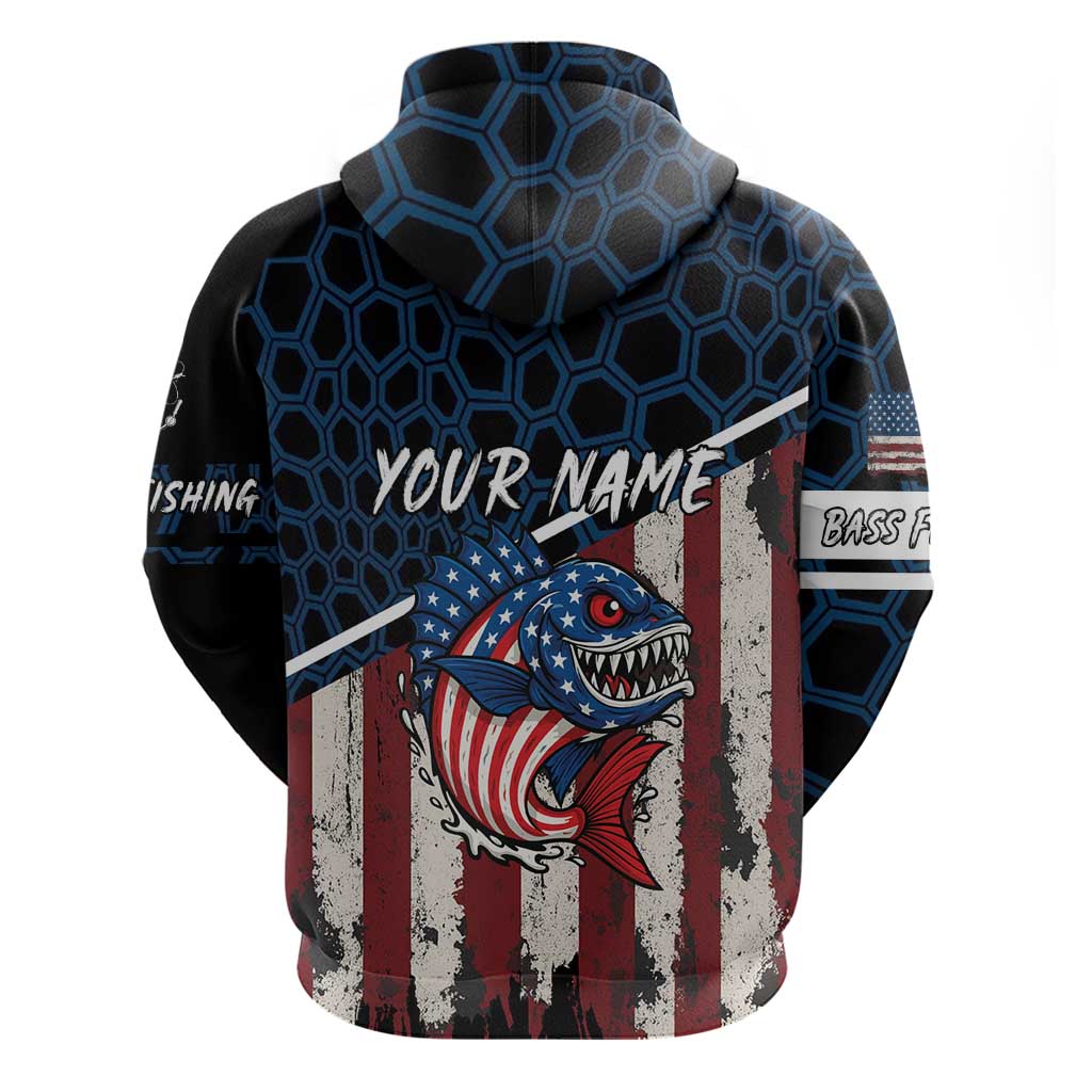 Aggressive Bass Fishing Hoodie with American Flag Pattern on Grunge Hex Background - Wonder Print Shop