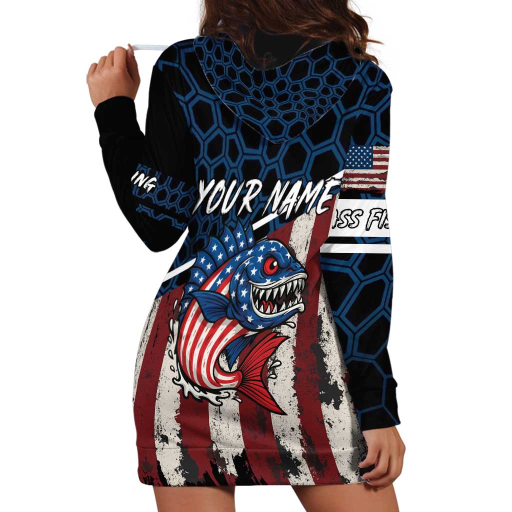 Aggressive Bass Fishing Hoodie Dress with American Flag Pattern on Grunge Hex Background - Wonder Print Shop