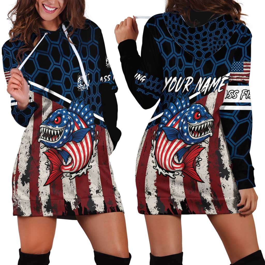 Aggressive Bass Fishing Hoodie Dress with American Flag Pattern on Grunge Hex Background - Wonder Print Shop