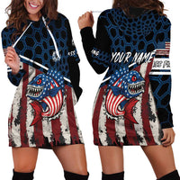 Aggressive Bass Fishing Hoodie Dress with American Flag Pattern on Grunge Hex Background - Wonder Print Shop