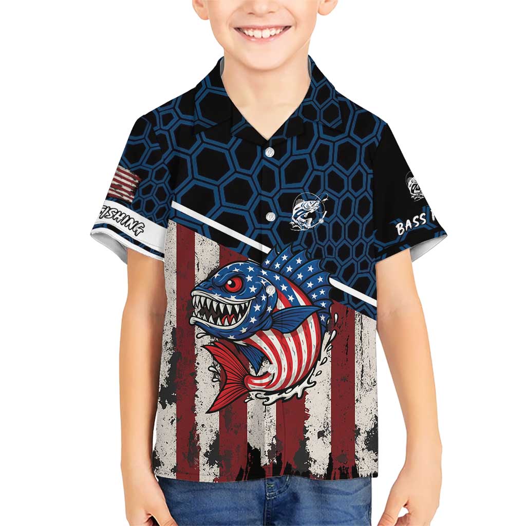 Aggressive Bass Fishing Kid Hawaiian Shirt with American Flag Pattern on Grunge Hex Background - Wonder Print Shop