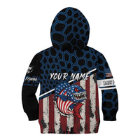 Aggressive Bass Fishing Kid Hoodie with American Flag Pattern on Grunge Hex Background - Wonder Print Shop