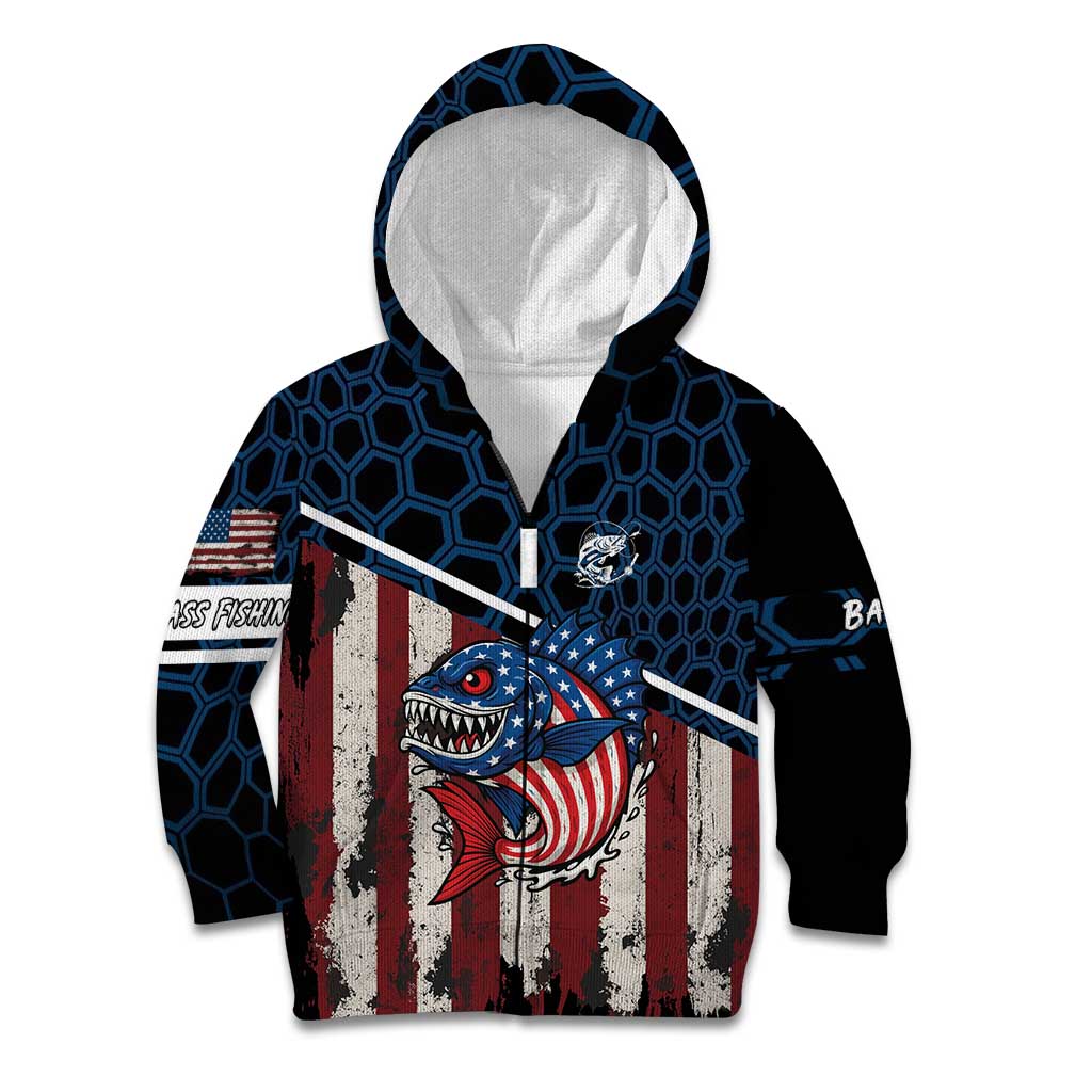 Aggressive Bass Fishing Kid Hoodie with American Flag Pattern on Grunge Hex Background - Wonder Print Shop