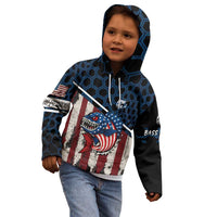 Aggressive Bass Fishing Kid Hoodie with American Flag Pattern on Grunge Hex Background - Wonder Print Shop
