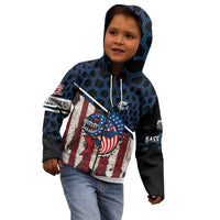 Aggressive Bass Fishing Kid Hoodie with American Flag Pattern on Grunge Hex Background - Wonder Print Shop