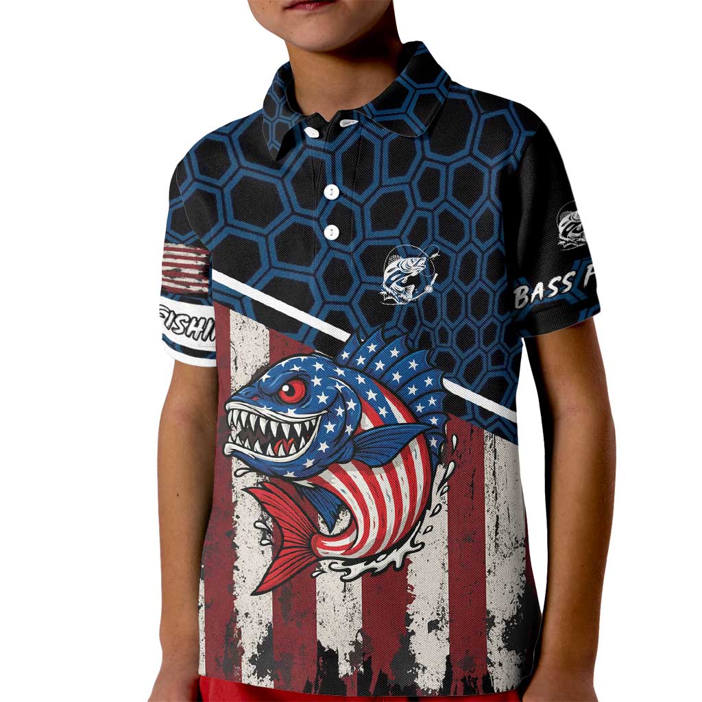 Aggressive Bass Fishing Kid Polo Shirt with American Flag Pattern on Grunge Hex Background - Wonder Print Shop