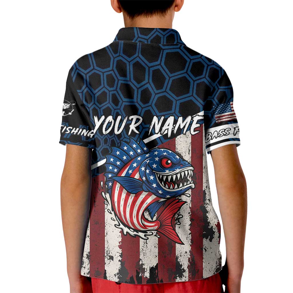 Aggressive Bass Fishing Kid Polo Shirt with American Flag Pattern on Grunge Hex Background - Wonder Print Shop