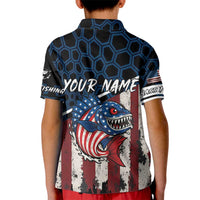 Aggressive Bass Fishing Kid Polo Shirt with American Flag Pattern on Grunge Hex Background - Wonder Print Shop