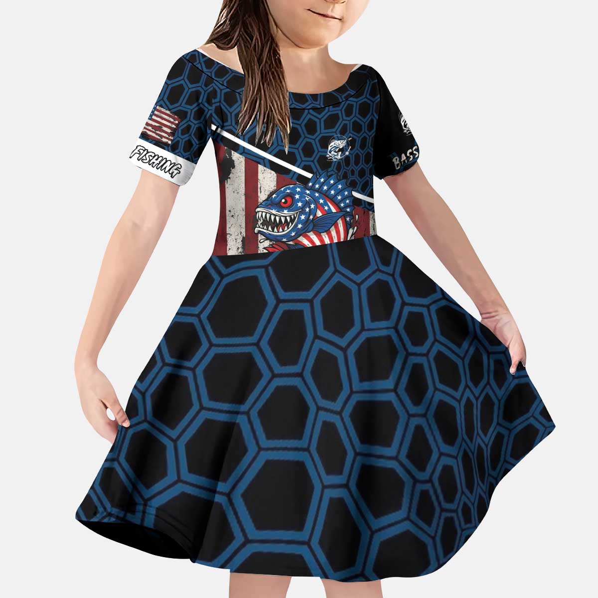 Aggressive Bass Fishing Kid Short Sleeve Dress with American Flag Pattern on Grunge Hex Background - Wonder Print Shop