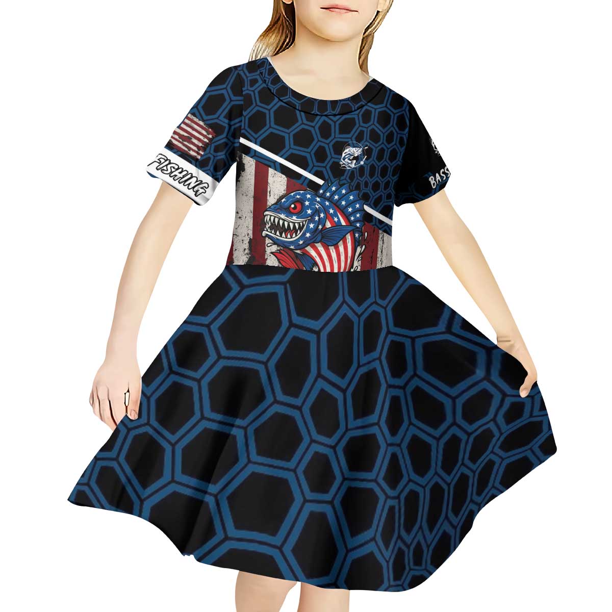 Aggressive Bass Fishing Kid Short Sleeve Dress with American Flag Pattern on Grunge Hex Background - Wonder Print Shop