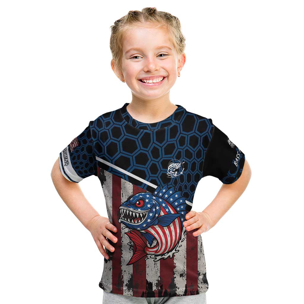 Aggressive Bass Fishing Kid T Shirt with American Flag Pattern on Grunge Hex Background - Wonder Print Shop