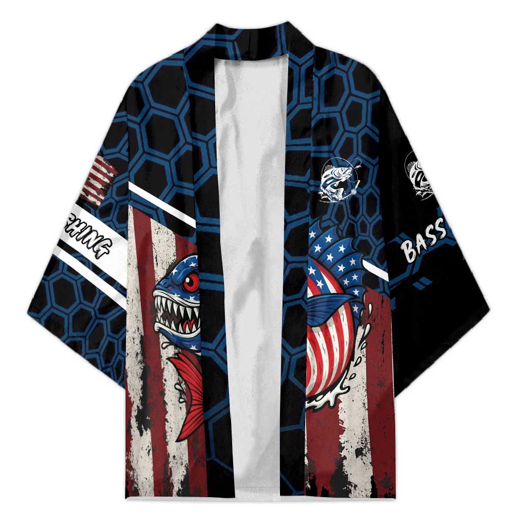 Aggressive Bass Fishing Kimono with American Flag Pattern on Grunge Hex Background - Wonder Print Shop