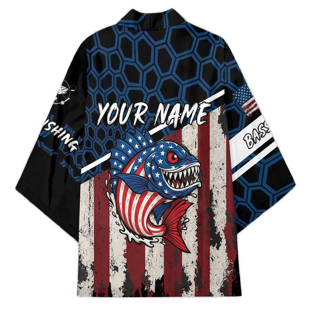 Aggressive Bass Fishing Kimono with American Flag Pattern on Grunge Hex Background - Wonder Print Shop