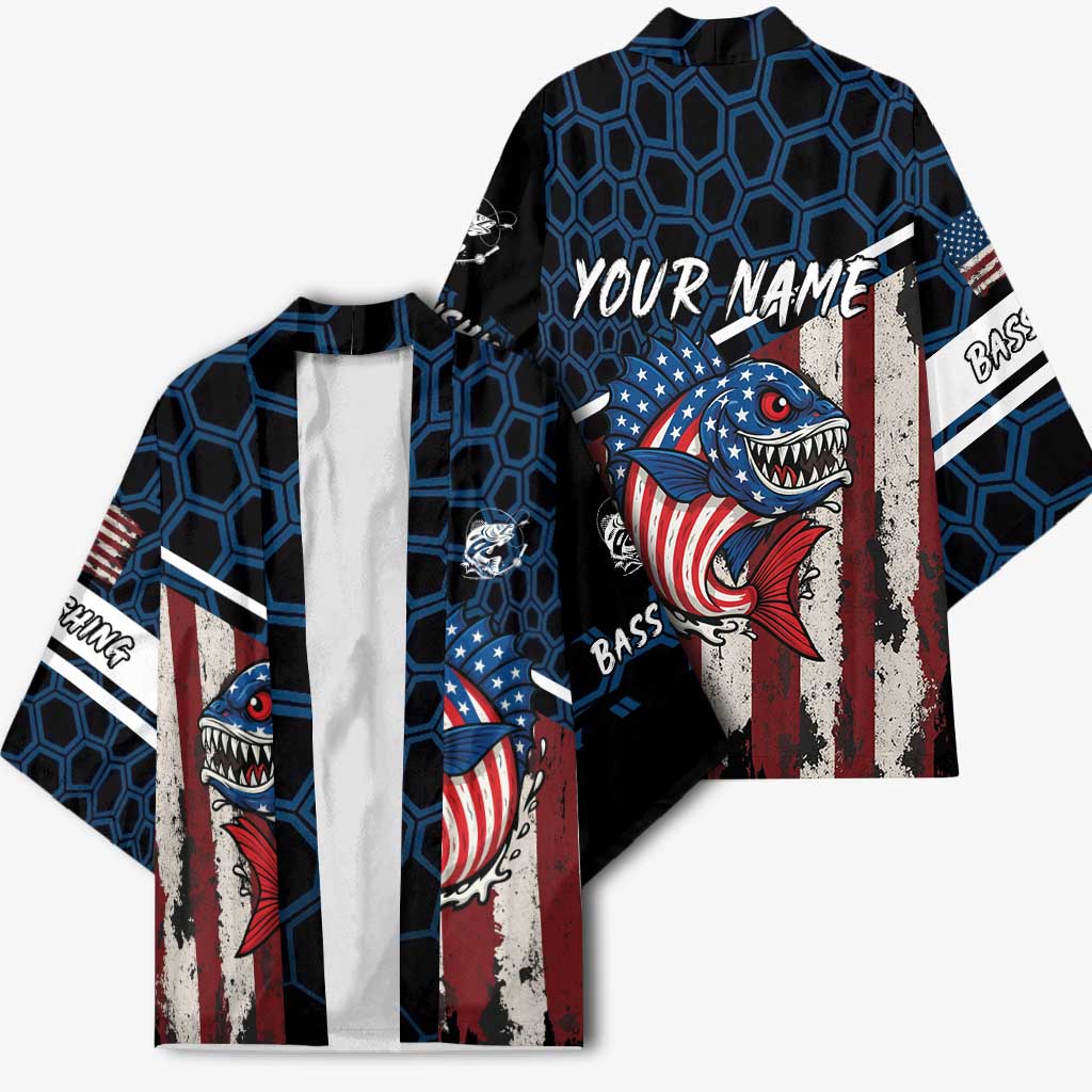 Aggressive Bass Fishing Kimono with American Flag Pattern on Grunge Hex Background - Wonder Print Shop