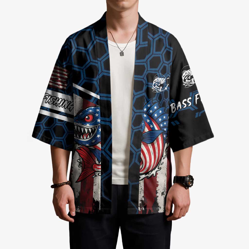 Aggressive Bass Fishing Kimono with American Flag Pattern on Grunge Hex Background - Wonder Print Shop
