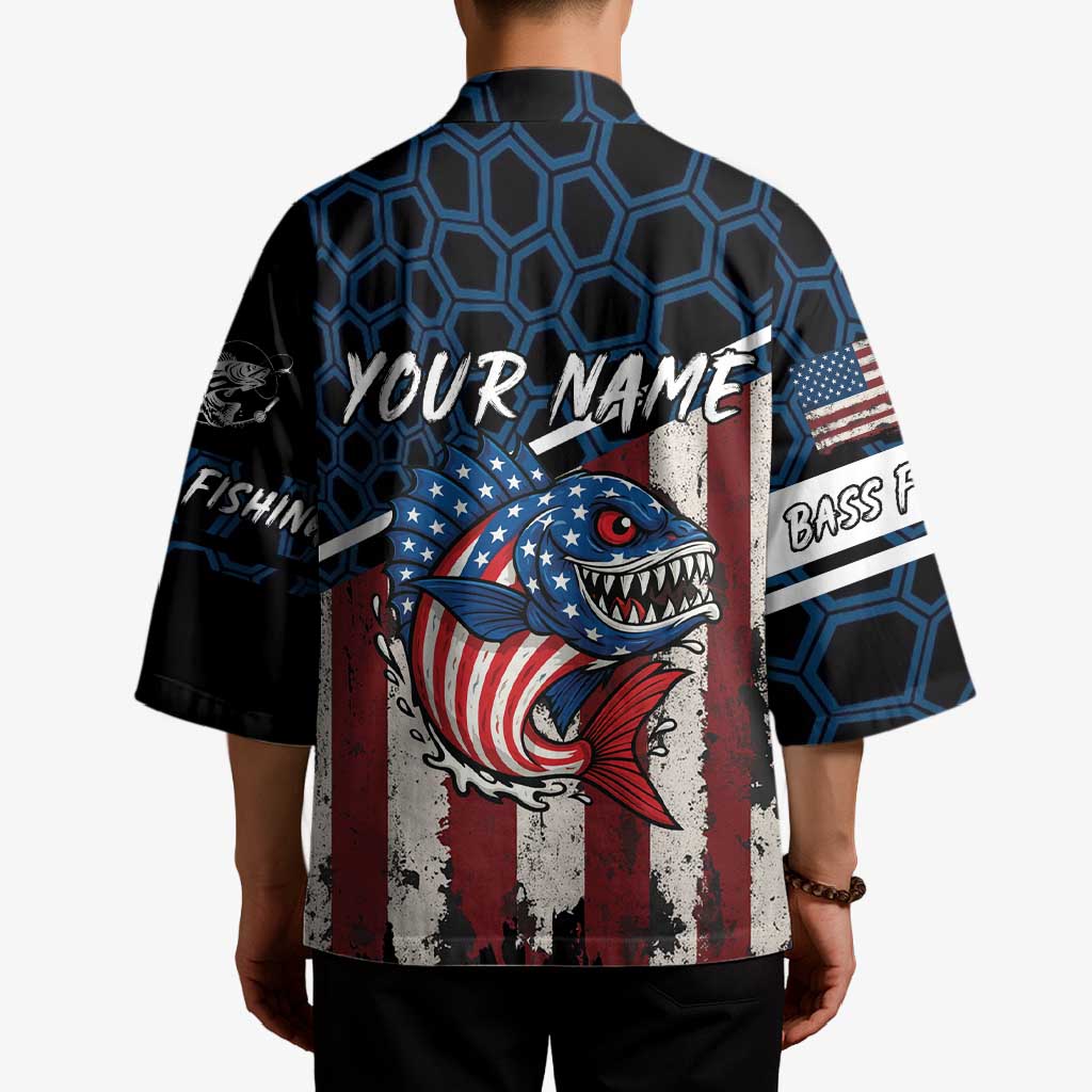 Aggressive Bass Fishing Kimono with American Flag Pattern on Grunge Hex Background - Wonder Print Shop