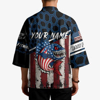 Aggressive Bass Fishing Kimono with American Flag Pattern on Grunge Hex Background - Wonder Print Shop