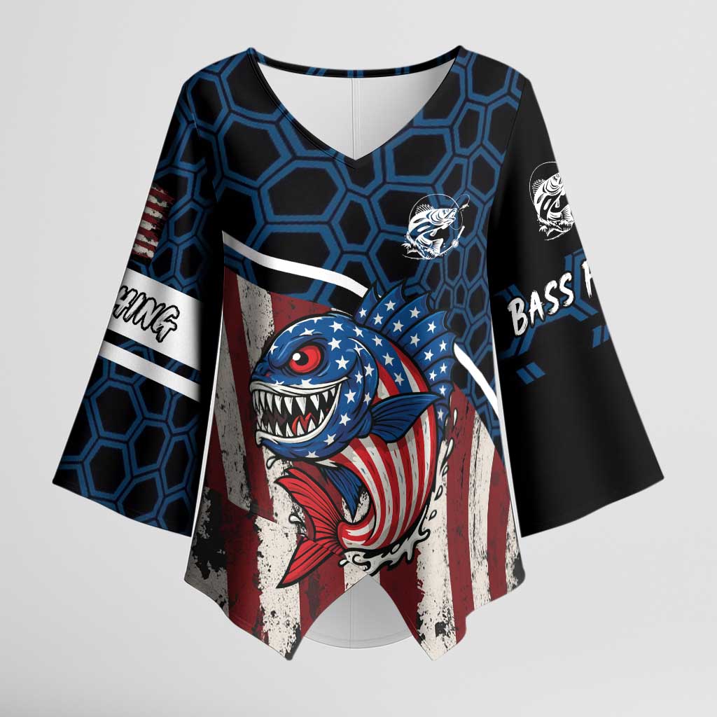 Aggressive Bass Fishing Kimono Sleeve Blouse with American Flag Pattern on Grunge Hex Background - Wonder Print Shop